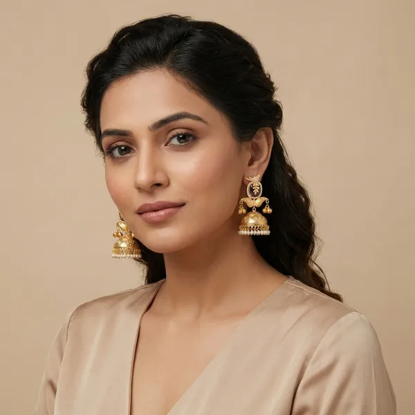 Gold_And_White_Traditional_Toned_Peacock_Jhumka_Earrings_With_Pearl_Drops_For_Women