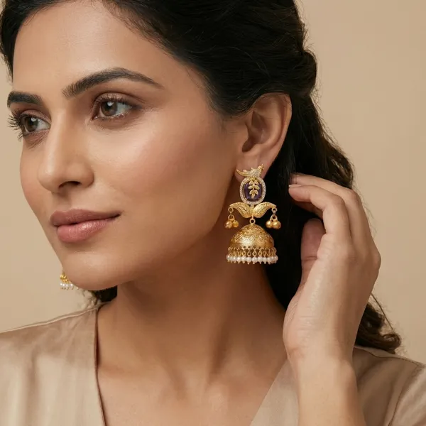 Gold_And_White_Traditional_Toned_Peacock_Jhumka_Earrings_With_Pearl_Drops_For_Women