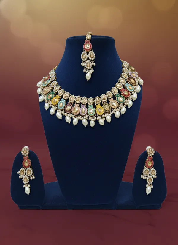 Multicolor_Traditional_Kundan_Pearl_Drop_Necklace_Set_With_Earrings_And_Maang_Tikka_For_Women