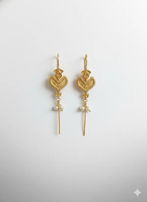 Gold_And_White_Elegant_Plated_Heart_Drop_Earrings_With_Pearl_Cluster_For_Women