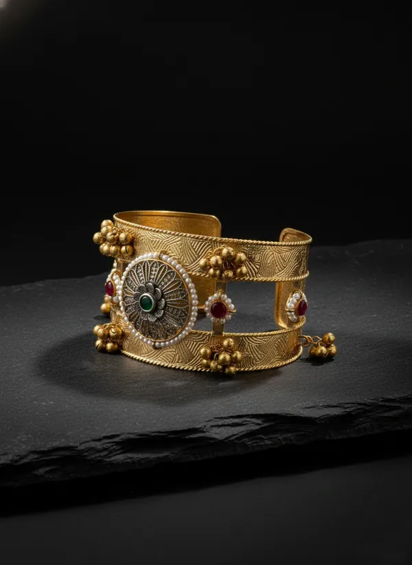 Gold_Traditional_Toned_Cuff_Bracelet_With_Gemstone_Embellishments_For_Women