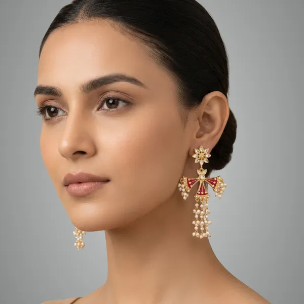 Gold_And_White_Traditional_Toned_Meenakari_Jhumka_Earrings_With_Pearl_Drops_For_Women