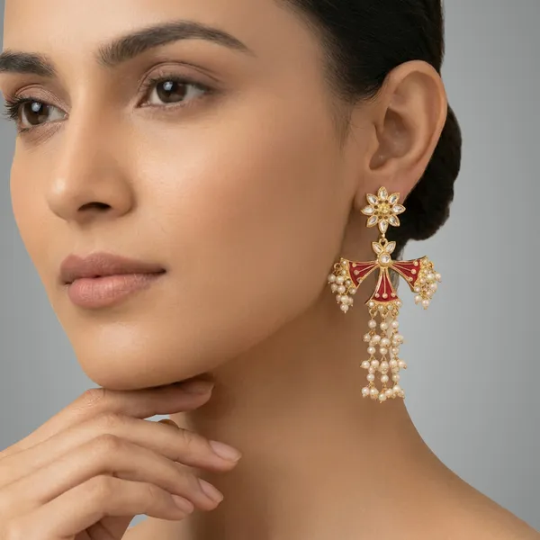 Gold_And_White_Traditional_Toned_Meenakari_Jhumka_Earrings_With_Pearl_Drops_For_Women