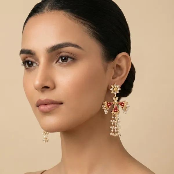 Gold_And_White_Traditional_Toned_Meenakari_Jhumka_Earrings_With_Pearl_Drops_For_Women