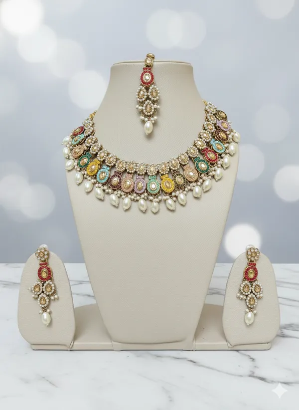 Multicolor_Traditional_Kundan_Pearl_Drop_Necklace_Set_With_Earrings_And_Maang_Tikka_For_Women