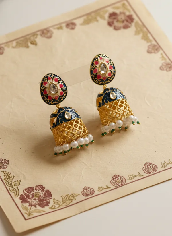 Gold_And_White_Traditional_Toned_Meenakari_Jhumka_Earrings_With_Pearl_Danglers_For_Women
