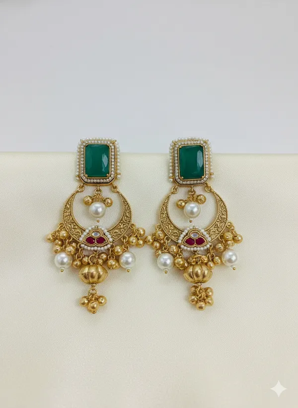 Green_And_Gold_Elegant_Stone_Chandbali_Earrings_With_Pearl_Drops_For_Women