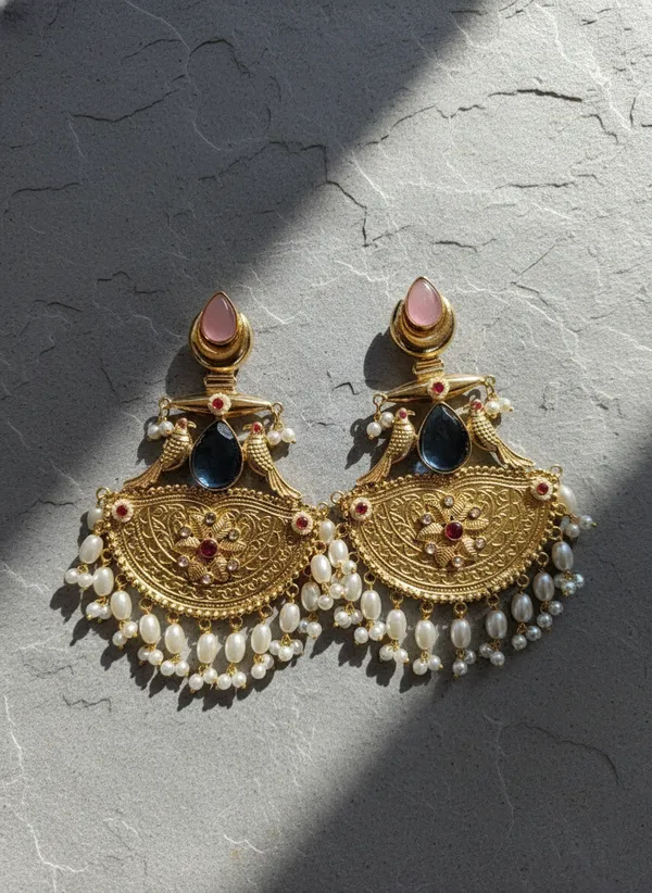 Gold_And_White_Traditional_Toned_Chandbali_Earrings_With_Peacock_Design_Pearl_Drops_For_Women