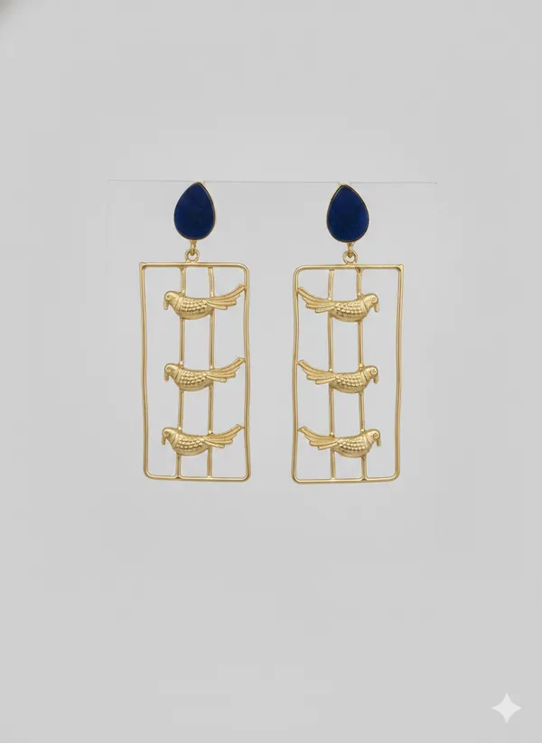 Blue_And_Gold_Elegant_Stone_Rectangular_Dangle_Earrings_With_Tone_Bird_Motif_For_Women