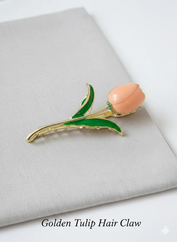 Gold_And_Green_Peach_Golden_Tulip_Hair_Claw_With_Leaf_Stone_For_Women
