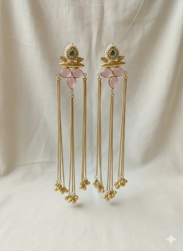 Pink_And_Green_Gold_Elegant_Plated_Tassel_Earrings_With_Stone_Embellishments_For_Women