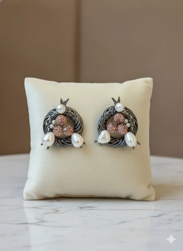Silver_And_Rose_Gold_Elegant_Oxidized_Floral_Earrings_With_Pearls_Accents_For_Women
