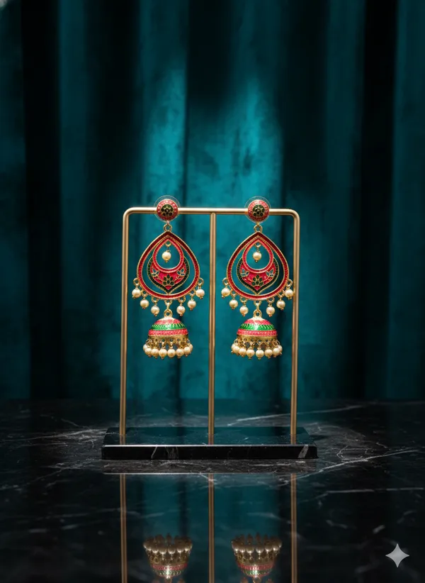 Red_And_Green_Gold_Traditional_Meenakari_Jhumka_Earrings_With_Pearl_Drops_Enamel_Peacock_Design_For_Women