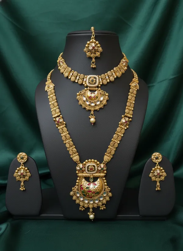 Gold_Toned_Traditional_Bridal_Jewelry_Set_Necklace,_Earrings_And_Maang_Tikka_For_Women