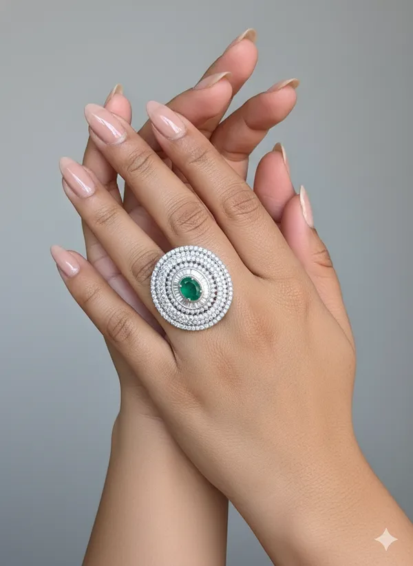 Green_And_White_Gold_Elegant_Oval_Stone_Ring_With_Concentric_Diamond_Circles_For_Women