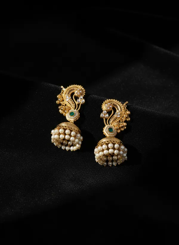 Gold_And_White_Traditional_Plated_Peacock_Design_Pearl_Jhumka_Earrings_For_Women