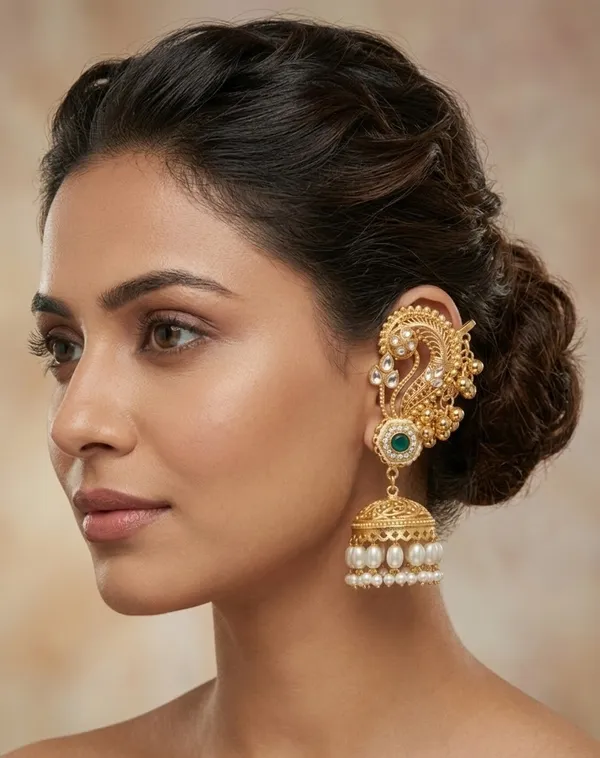 Gold_And_White_Traditional_Plated_Peacock_Design_Pearl_Jhumka_Earrings_For_Women