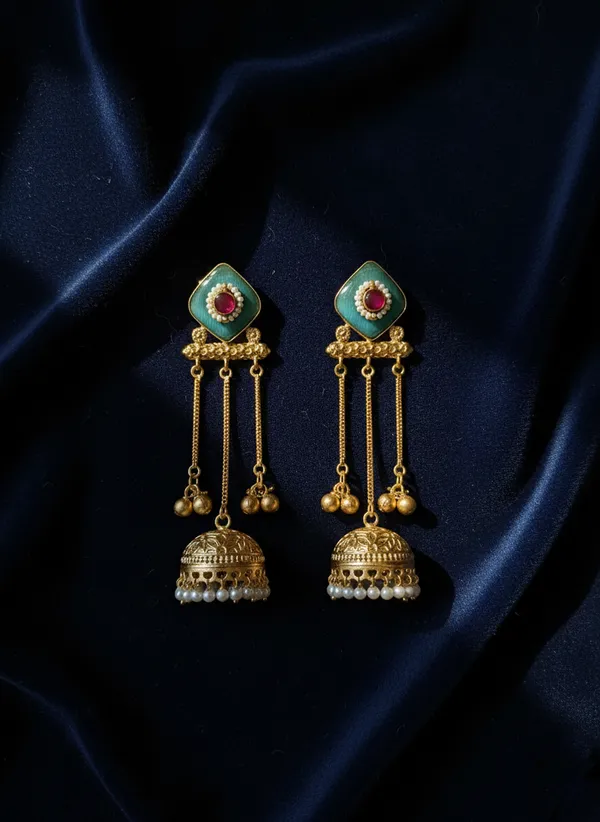 Turquoise_And_Ruby_Traditional_Gold_Plated_Jhumka_Earrings_With_Chain_Danglers_For_Women
