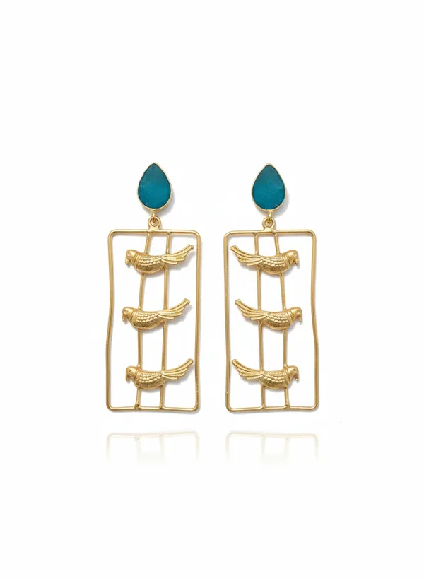 Turquoise_And_Gold_Golden_Rectangular_Dangle_Earrings_With_Stone_Bird_Motif_For_Women