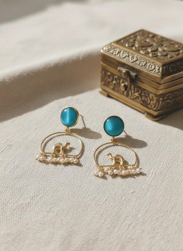 Blue_And_Gold_Elegant_Camel_Charm_Drop_Earrings_With_Stone_Studs_For_Women