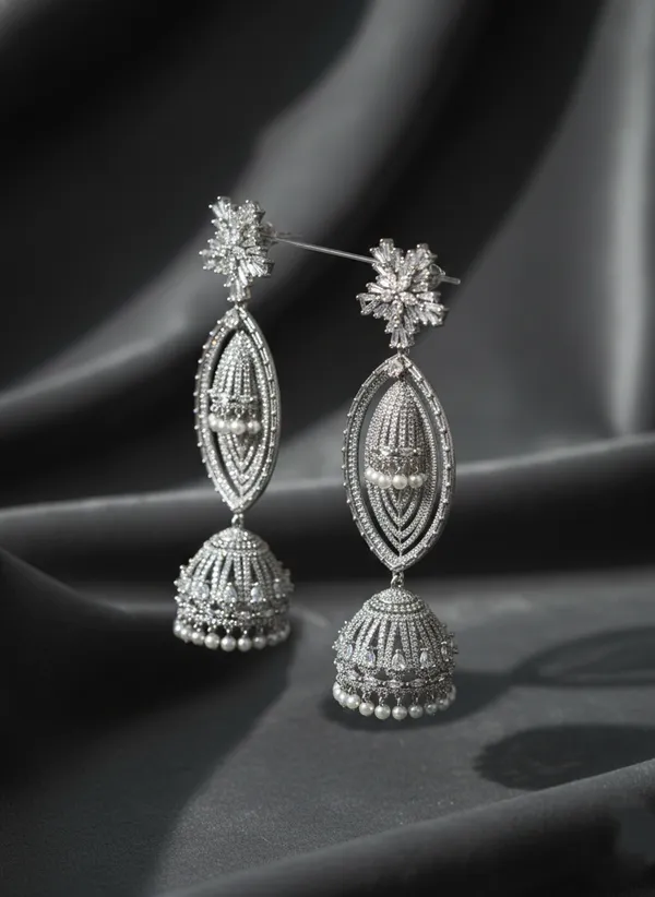 White_And_Gold_Elegant_American_Diamond_Jhumka_Earrings_With_Floral_Stud_Marquise_Drop_For_Women