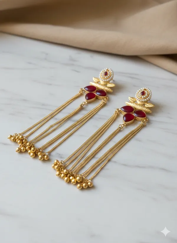 Red_And_Gold_Toned_Floral_Kundan_Tassel_Earrings_With_Stone_Chain_Danglers_For_Women