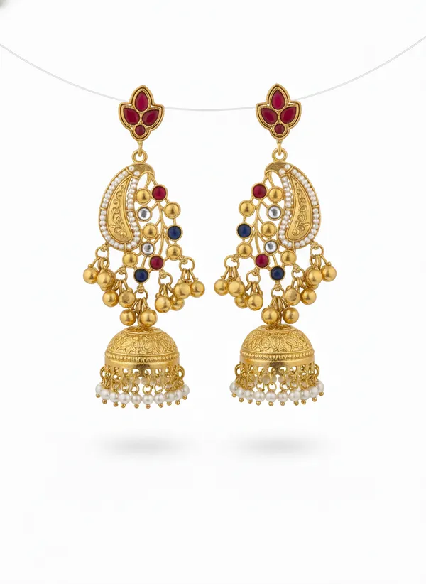 Ruby_And_Blue_Gold_Traditional_Plated_Jhumka_Earrings_With_Stone_Embellishments_For_Women
