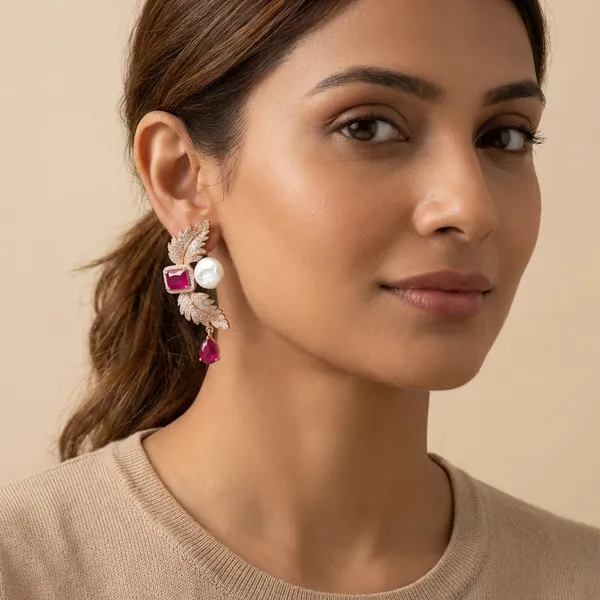 Ruby_And_Gold_Elegant_Stone_Leaf_Design_Earrings_With_Pearl_Drop_Accents_For_Women