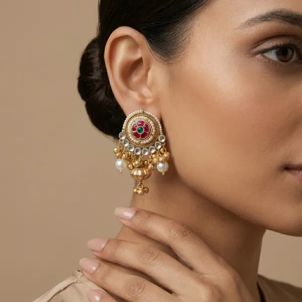 Red_And_Green_Gold_Traditional_Toned_Chandbali_Earrings_With_Stones_Pearl_Drops_For_Women