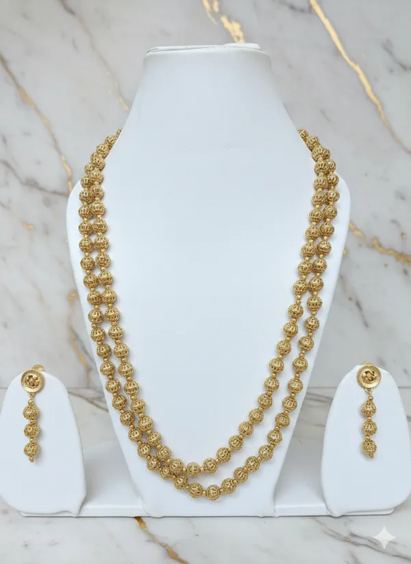 Gold_Golden_Beaded_Double_Layer_Necklace_Set_With_Matching_Earrings_For_Women
