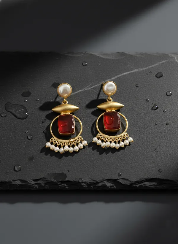 Red_And_Gold_Elegant_Toned_Earrings_With_Stone_Pearl_Accents_For_Women