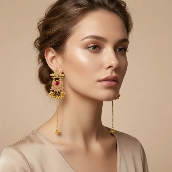 Pink_And_Gold_Traditional_Toned_Peacock_Motif_Chandbali_Earrings_With_Stones_Chain_Drops_For_Women
