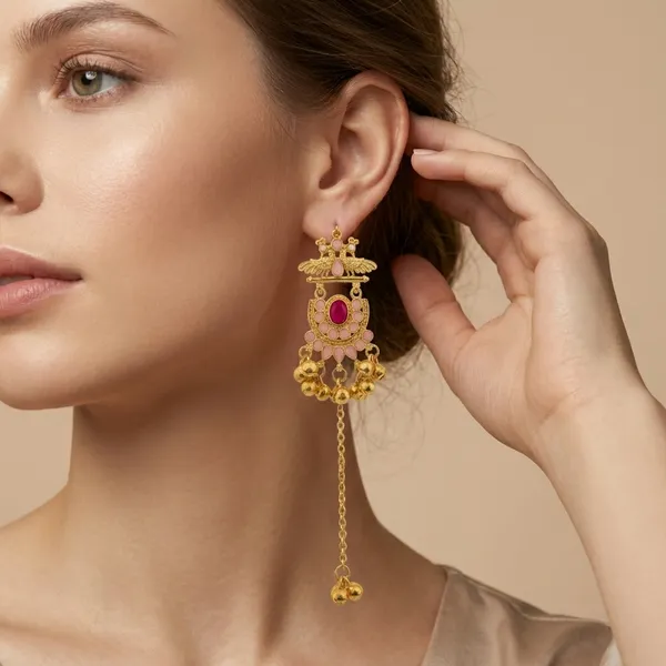 Pink_And_Gold_Traditional_Toned_Peacock_Motif_Chandbali_Earrings_With_Stones_Chain_Drops_For_Women