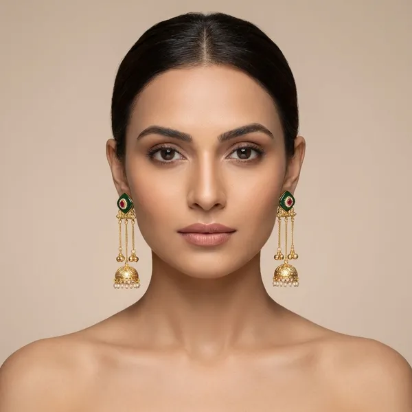 Green_And_Gold_Traditional_Enamel_Jhumka_Earrings_With_Pearl_Drops_Chain_Details_For_Women
