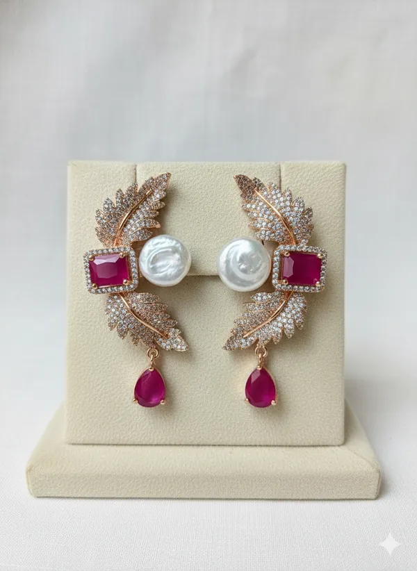 Ruby_And_Gold_Elegant_Stone_Leaf_Design_Earrings_With_Pearl_Drop_Accents_For_Women