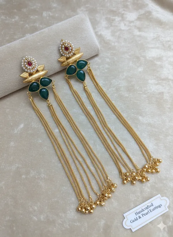 Teal_And_Gold_Handcrafted_Earrings_With_Long_Chain_Tassels_For_Women