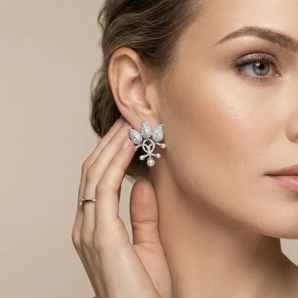 Silver_And_White_Toned_Floral_Crystal_Stud_Earrings_With_Pearl_Drops_For_Women