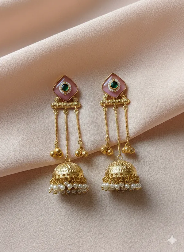 Pink_And_Gold_Floral_Enamel_Jhumka_Earrings_With_Chain_Detailing_For_Women