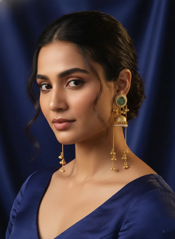 Green_And_Gold_Traditional_Toned_Jhumka_Earrings_With_Stone_Dangling_Chains_For_Women