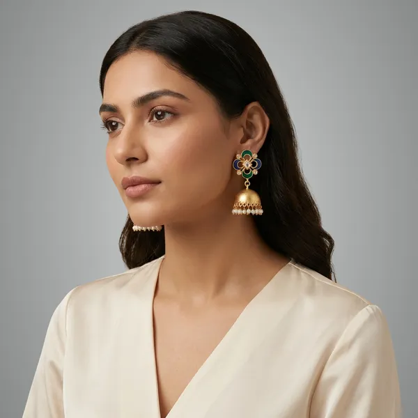 Green_And_Blue_Gold_Traditional_Plated_Jhumka_Earrings_With_Enamel_Pearl_Drops_For_Women