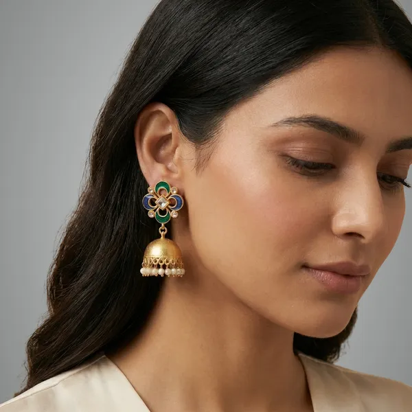 Green_And_Blue_Gold_Traditional_Plated_Jhumka_Earrings_With_Enamel_Pearl_Drops_For_Women
