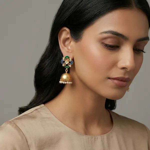 Green_And_Blue_Gold_Traditional_Plated_Jhumka_Earrings_With_Enamel_Pearl_Drops_For_Women