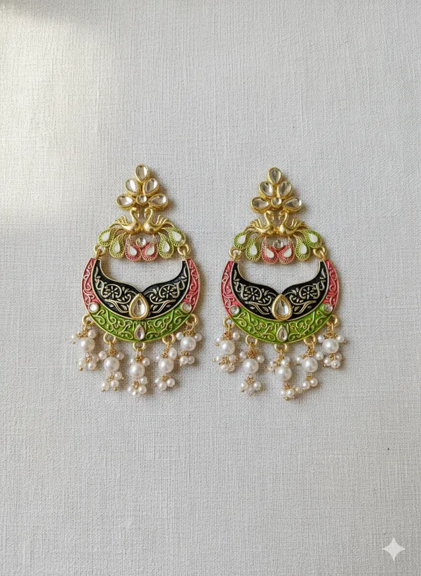 Gold_And_White_Traditional_Enamel_Crescent_Chandbali_Earrings_With_Pearl_Drops_For_Women