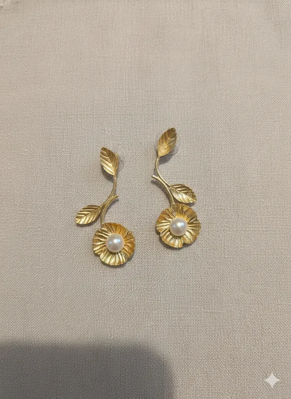 Gold_And_White_Toned_Floral_Pearl_Drop_Earrings_With_Leaf_Design_For_Women