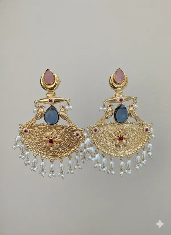 Gold_And_White_Traditional_Toned_Chandbali_Earrings_With_Peacock_Design_Pearl_Drops_For_Women