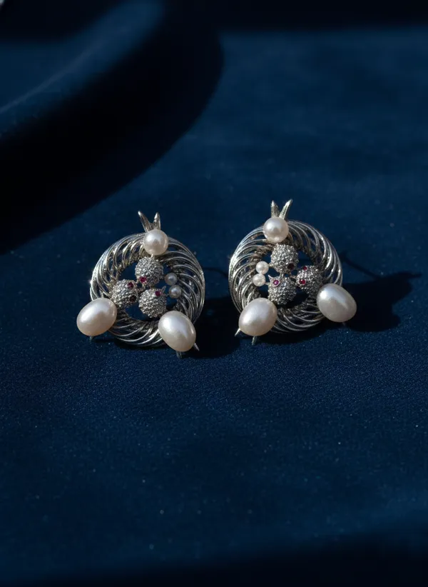 Silver_And_White_Elegant_Pearl_Crystal_Floral_Stud_Earrings_With_Oxidized_Finish_For_Women