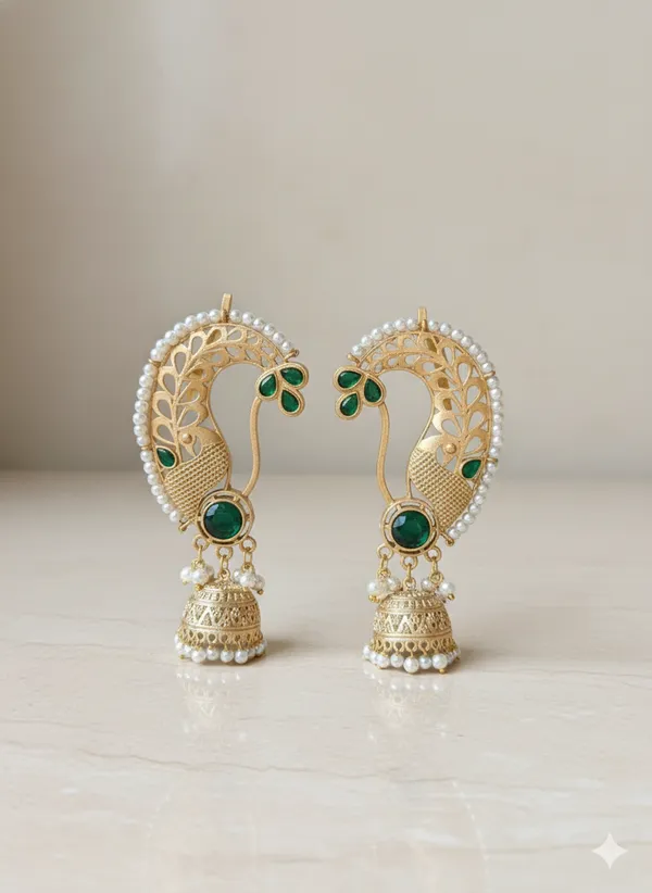 Green_And_Gold_Traditional_Toned_Peacock_Jhumka_Earrings_With_Stones_Pearl_Detailing_For_Women