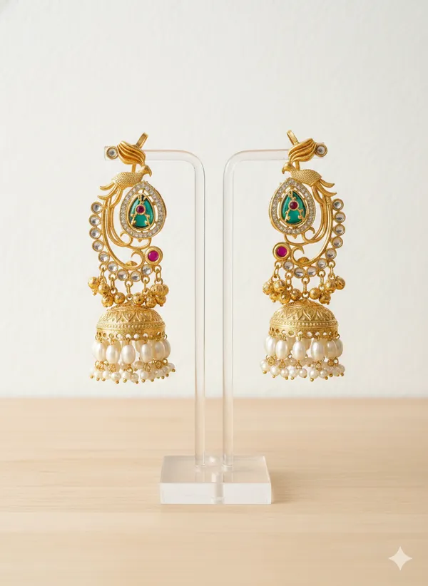 Gold_And_Multicolor_Traditional_Plated_Peacock_Jhumka_Earrings_With_Pearls_Gemstones_For_Women