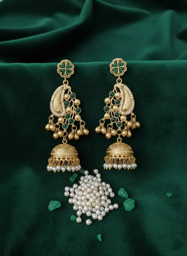 Green_And_Gold_Antique_Plated_Kundan_Jhumka_Earrings_With_Stones_Pearl_Danglers_For_Women