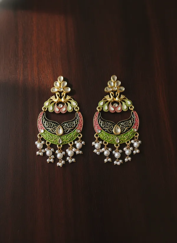 Gold_And_White_Traditional_Enamel_Crescent_Chandbali_Earrings_With_Pearl_Drops_For_Women
